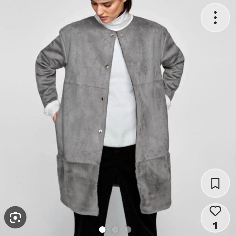 Zara Suede Gray Trench Coat with Faux Fur Trim